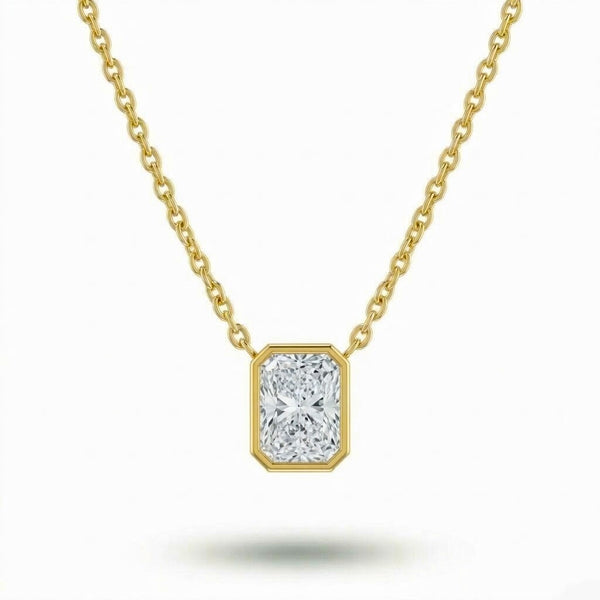 Yellow Gold Radiant Brilliant Orlisse Diamond Bezel Set Solitaire Pendant Necklace With Minimal Floating Design