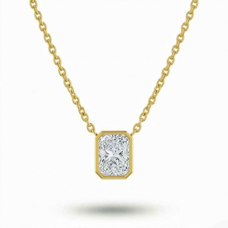 Yellow Gold Radiant Brilliant Orlisse Diamond Bezel Set Solitaire Pendant Necklace With Minimal Floating Design
