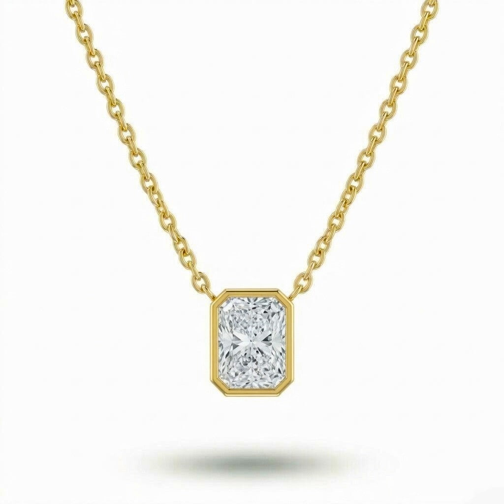 Yellow Gold Radiant Brilliant Orlisse Diamond Bezel Set Solitaire Pendant Necklace With Minimal Floating Design