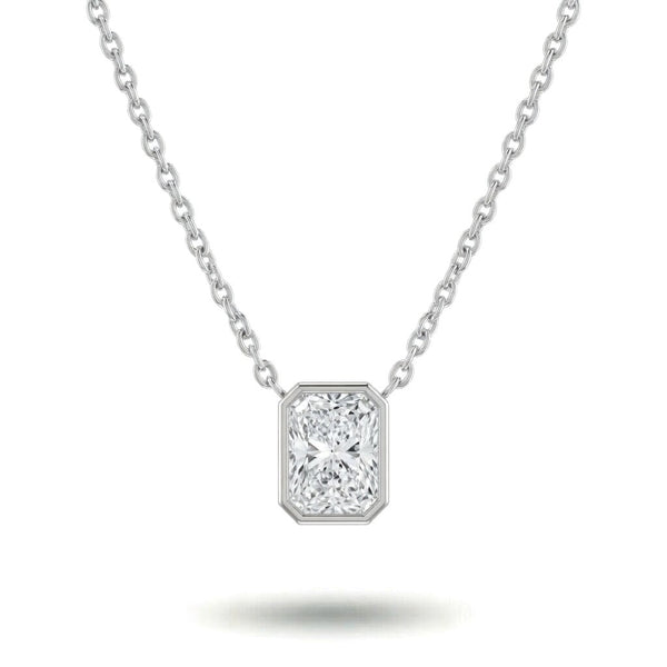 White Gold Radiant Brilliant Orlisse Diamond Bezel Set Solitaire Pendant Necklace With Minimal Floating Design