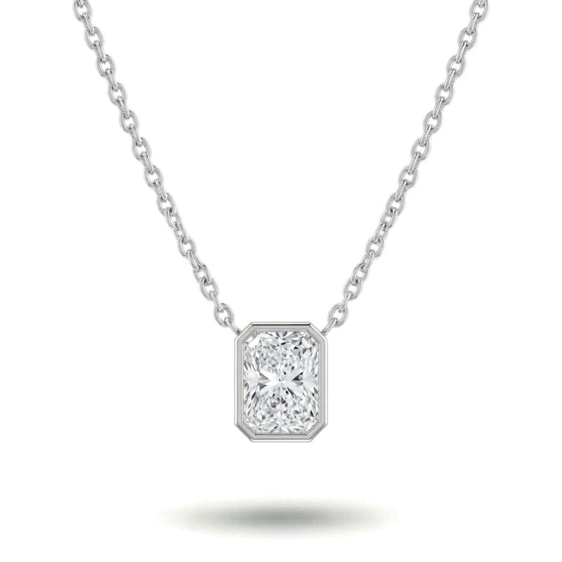 White Gold Radiant Brilliant Orlisse Diamond Bezel Set Solitaire Pendant Necklace With Minimal Floating Design