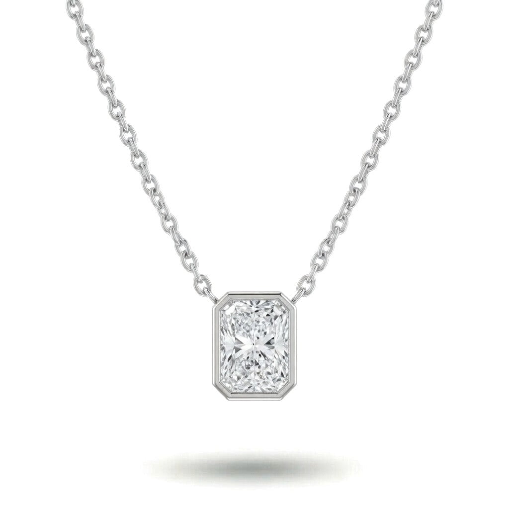 Silver Radiant Brilliant Orlisse Diamond Bezel Set Solitaire Pendant Necklace With Minimal Floating Design