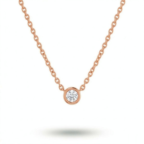 Rose Gold Round Brilliant Orlisse Diamond Bezel Set Solitaire Pendant Necklace With Minimal Floating Design