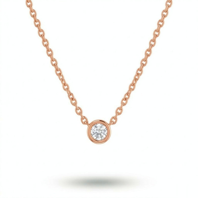 Rose Gold Round Brilliant Orlisse Diamond Bezel Set Solitaire Pendant Necklace With Minimal Floating Design