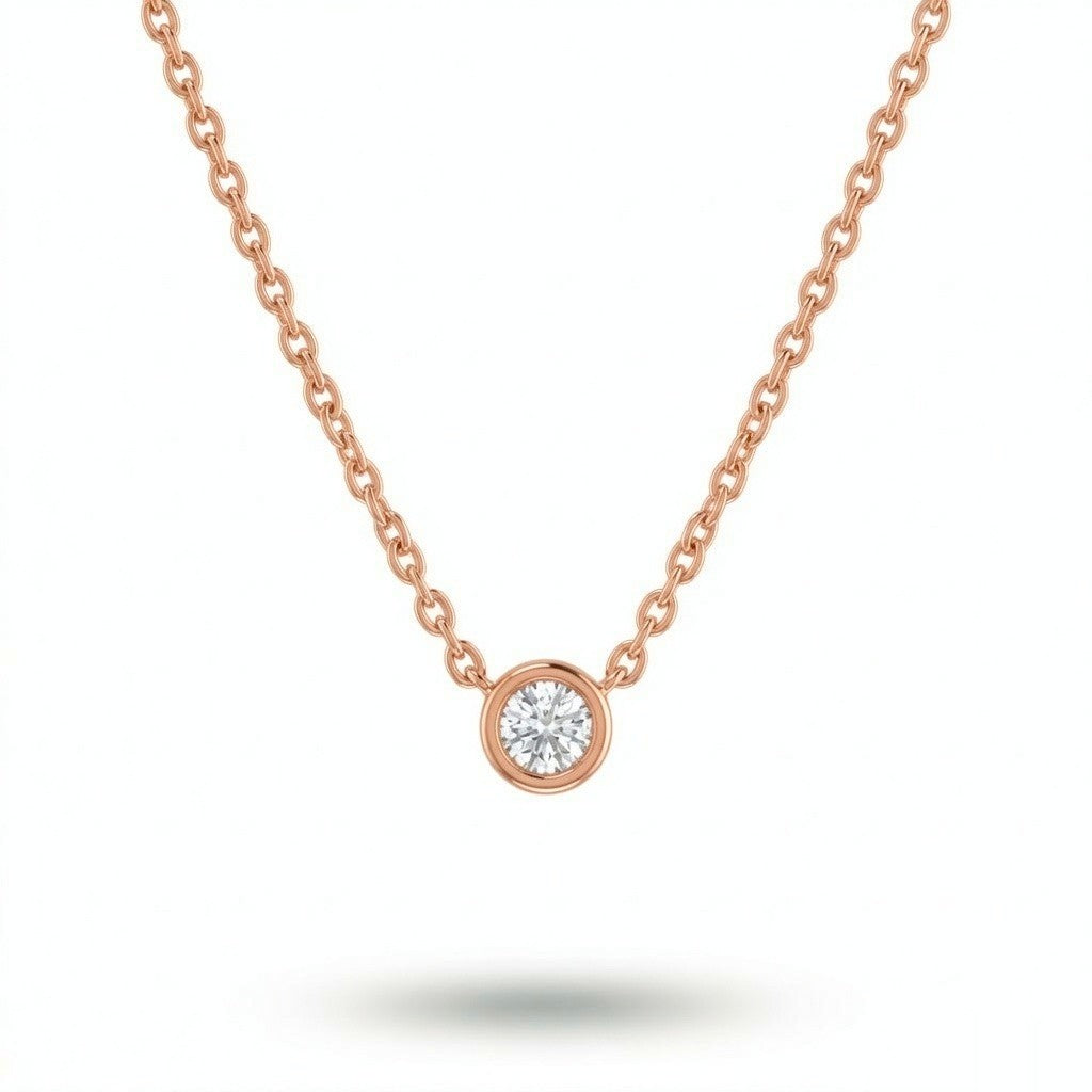 Rose Gold Round Brilliant Orlisse Diamond Bezel Set Solitaire Pendant Necklace With Minimal Floating Design