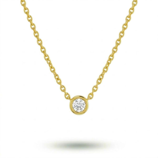 Yellow Gold Round Brilliant Orlisse Diamond Bezel Set Solitaire Pendant Necklace With Minimal Floating Design