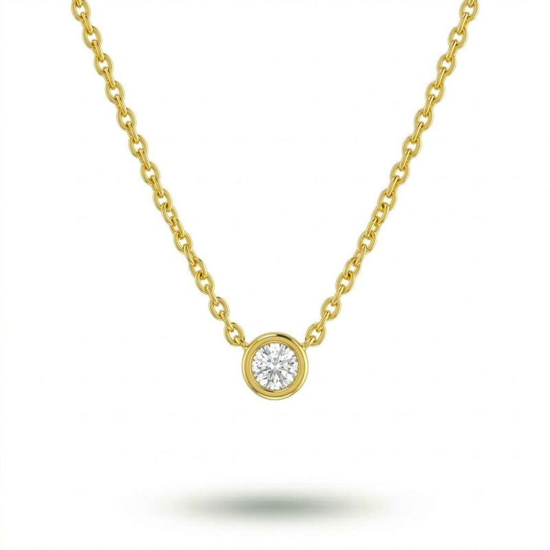 Yellow Gold Round Brilliant Orlisse Diamond Bezel Set Solitaire Pendant Necklace With Minimal Floating Design