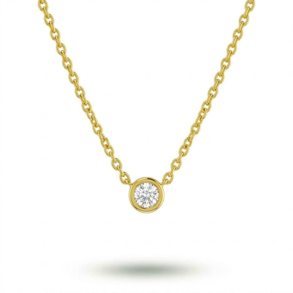 Yellow Gold Round Brilliant Orlisse Diamond Bezel Set Solitaire Pendant Necklace With Minimal Floating Design