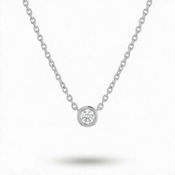 White Gold Round Brilliant Orlisse Diamond Bezel Set Solitaire Pendant Necklace With Minimal Floating Design