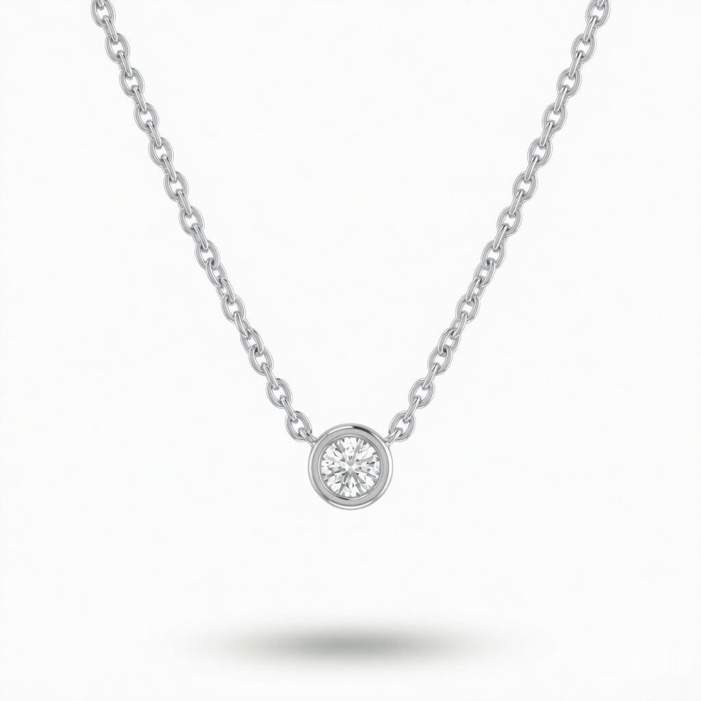White Gold Round Brilliant Orlisse Diamond Bezel Set Solitaire Pendant Necklace With Minimal Floating Design