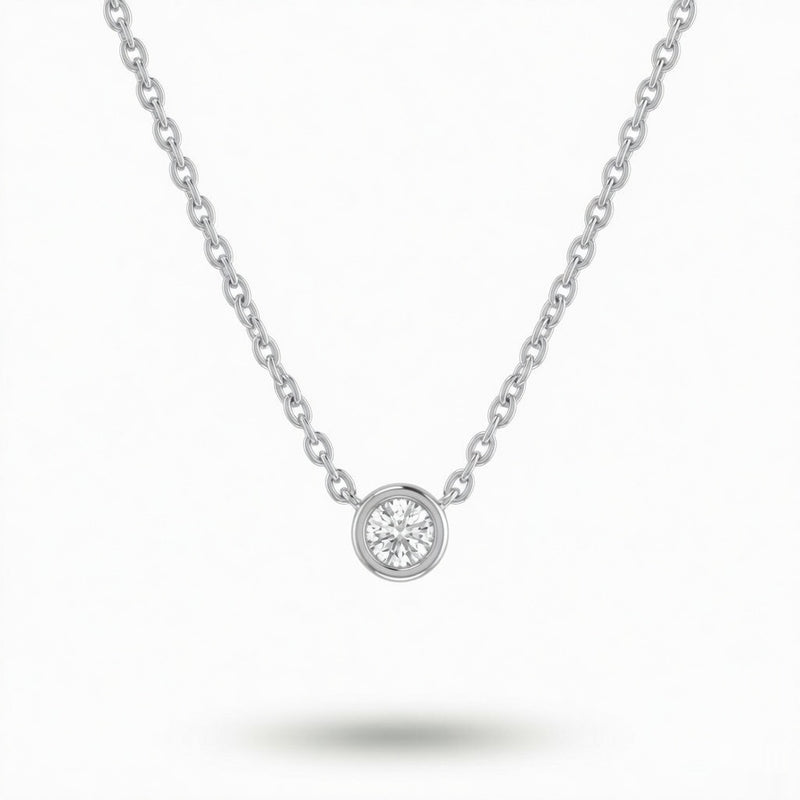 Silver Round Brilliant Orlisse Diamond Bezel Set Solitaire Pendant Necklace With Minimal Floating Design