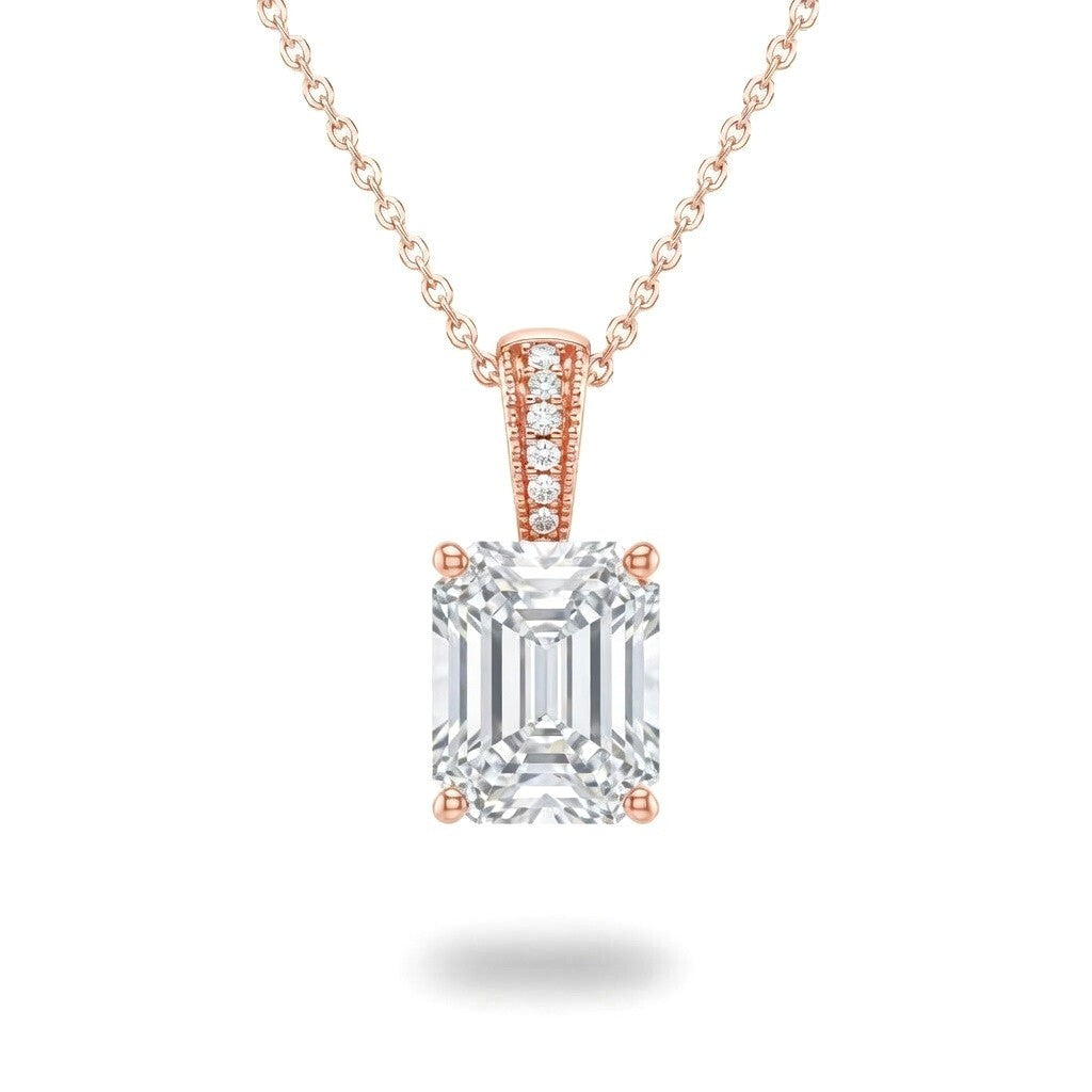 Rose Gold Emerald Brilliant Zyvaris Diamond Solitaire Pendant Necklace With Classic Four Prong Setting