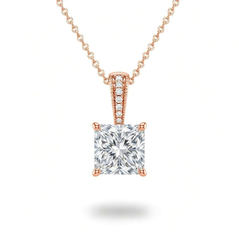 Rose Gold Princess Brilliant Zyvaris Diamond Solitaire Pendant Necklace With Classic Four Prong Setting