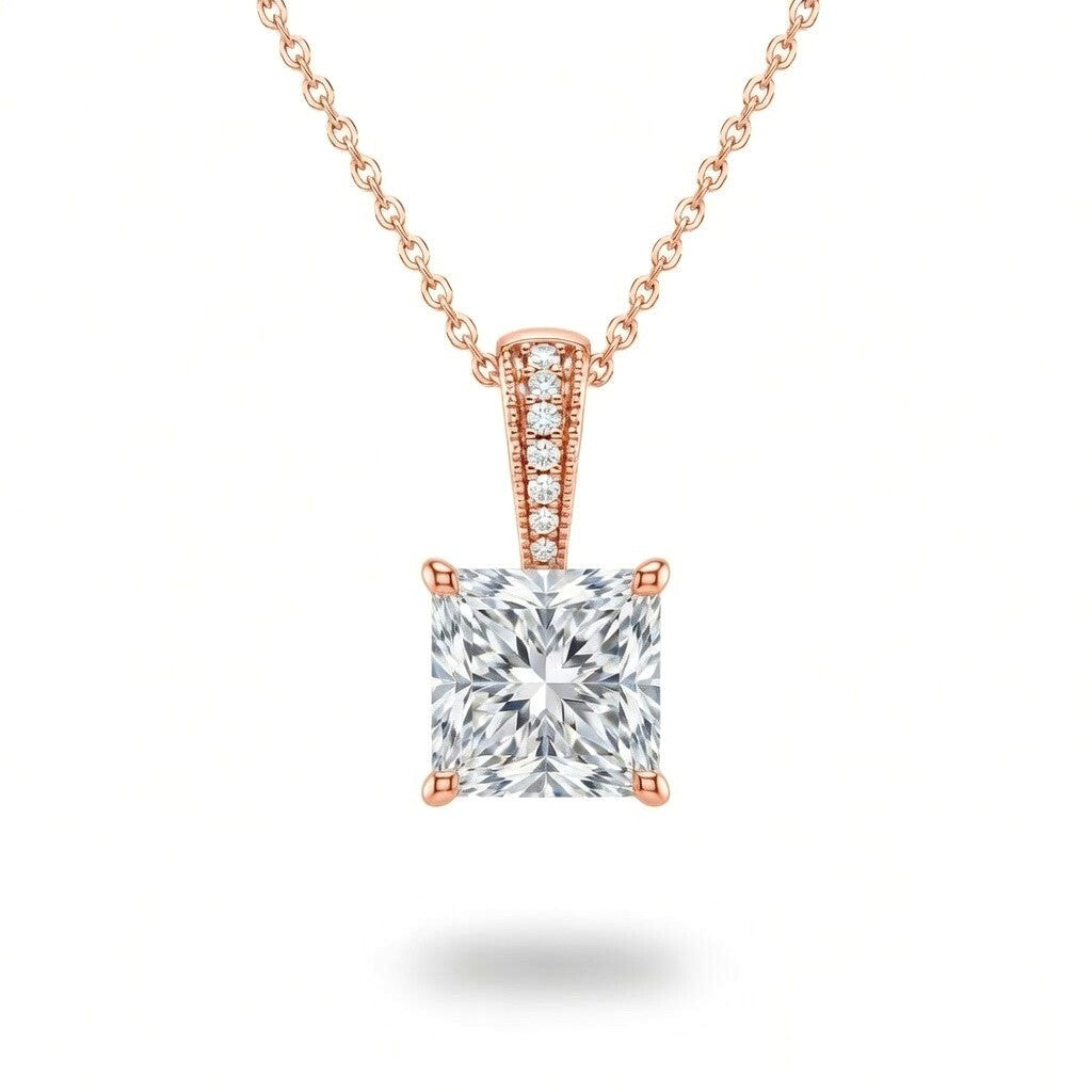 Rose Gold Princess Brilliant Zyvaris Diamond Solitaire Pendant Necklace With Classic Four Prong Setting