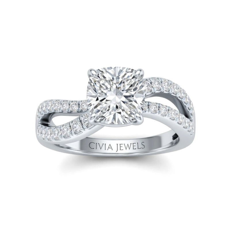 White Gold Cushion Diamond Twisted Shank Engagement Ring With Four Prong Setting And Pavé Band