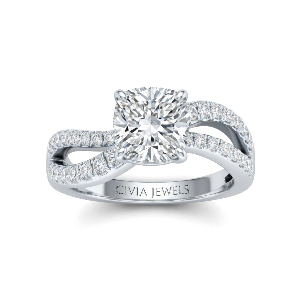 Silver Cushion Diamond Twisted Shank Engagement Ring With Four Prong Setting And Pavé Band