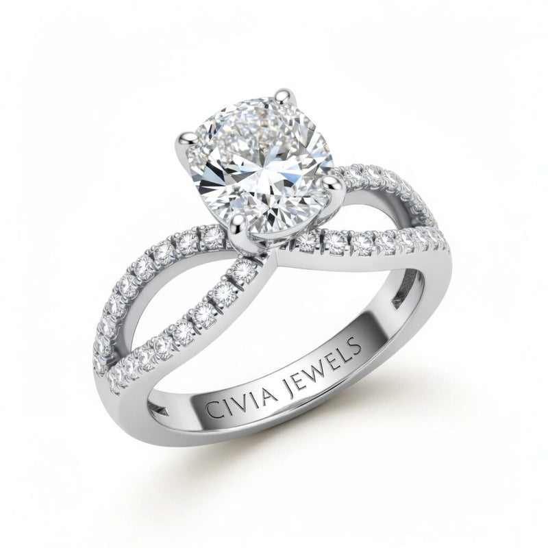 White Gold Cushion Diamond Twisted Shank Engagement Ring With Four Prong Setting And Pavé Band