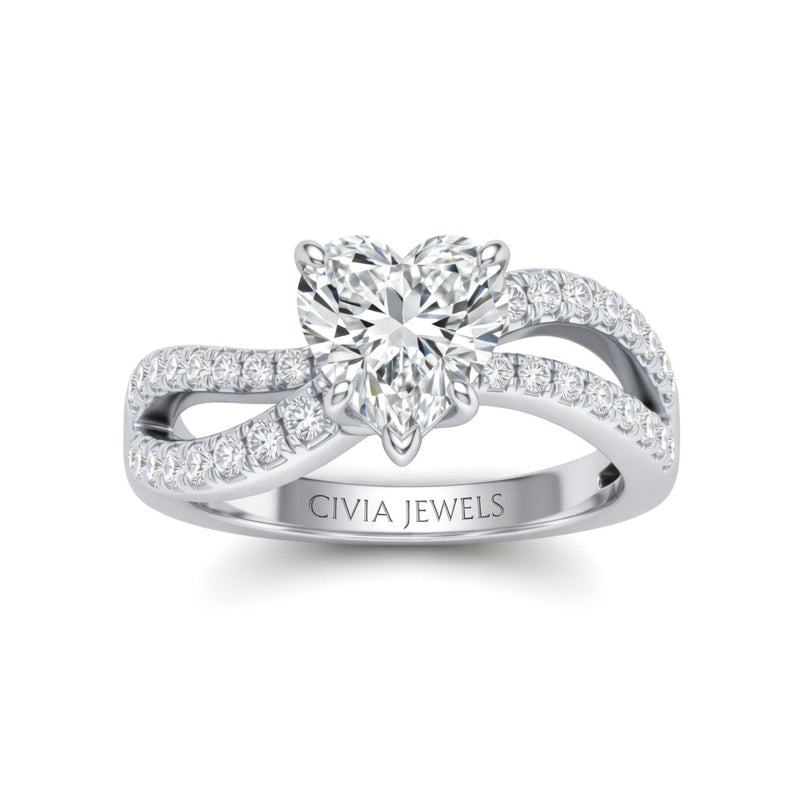 White Gold Heart Diamond Twisted Shank Engagement Ring With Four Prong Setting And Pavé Band