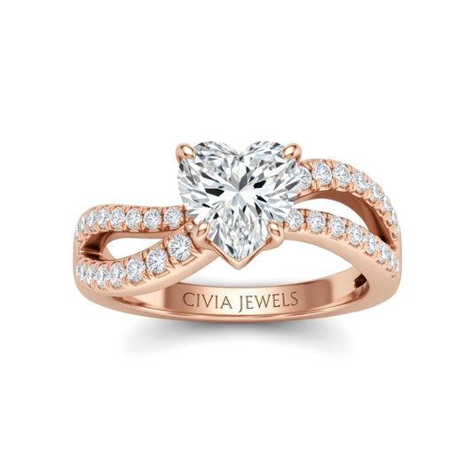 Rose Gold Heart Diamond Twisted Shank Engagement Ring With Four Prong Setting And Pavé Band