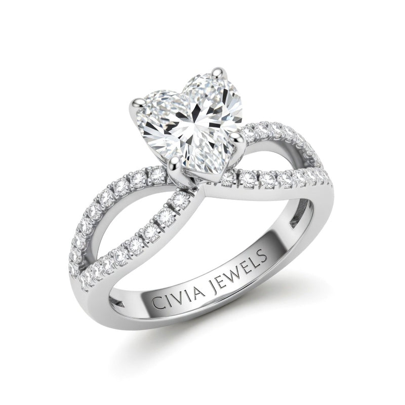 White Gold Heart Diamond Twisted Shank Engagement Ring With Four Prong Setting And Pavé Band