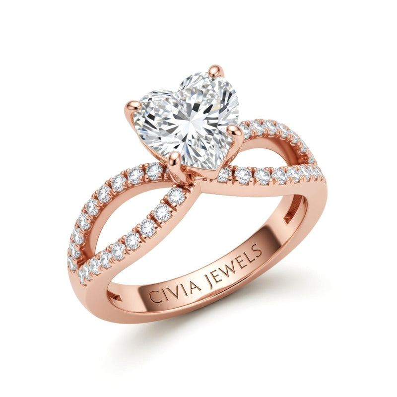 Rose Gold Heart Diamond Twisted Shank Engagement Ring With Four Prong Setting And Pavé Band