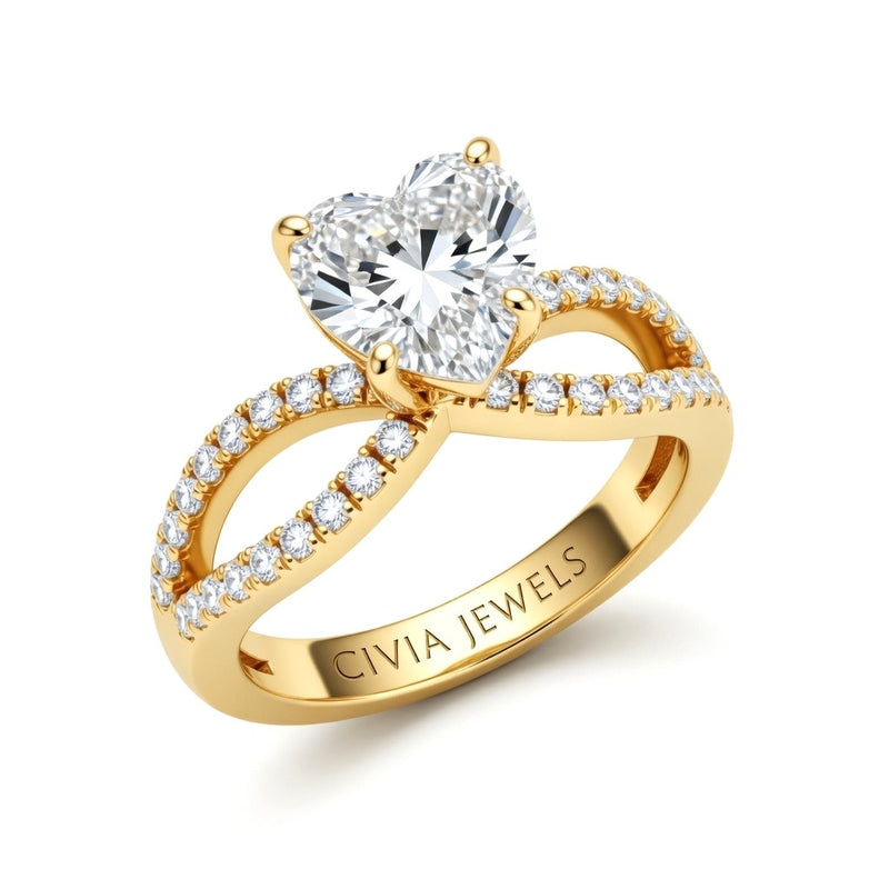 Yellow Gold Heart Diamond Twisted Shank Engagement Ring With Four Prong Setting And Pavé Band