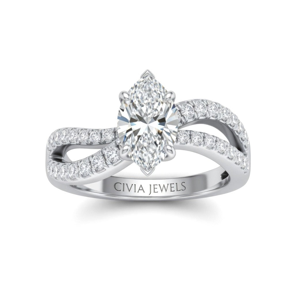 White Gold Marquise Diamond Twisted Shank Engagement Ring With Four Prong Setting And Pavé Band