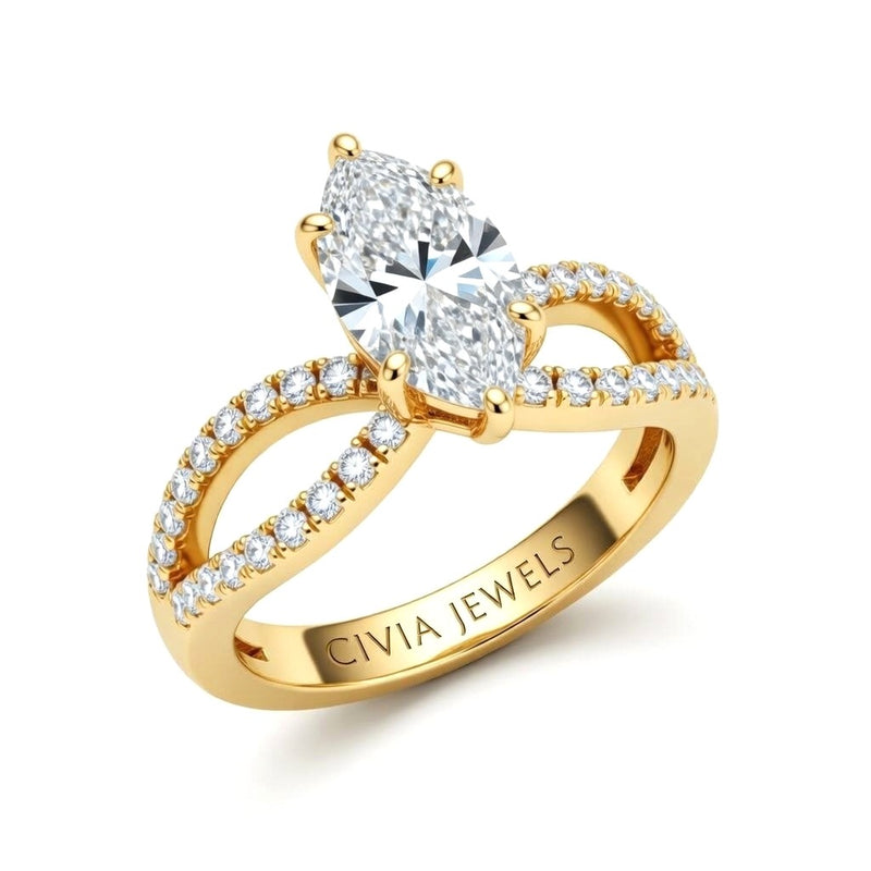 Yellow Gold Marquise Diamond Twisted Shank Engagement Ring With Four Prong Setting And Pavé Band