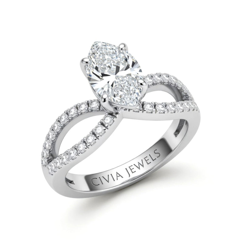 Silver Marquise Diamond Twisted Shank Engagement Ring With Four Prong Setting And Pavé Band