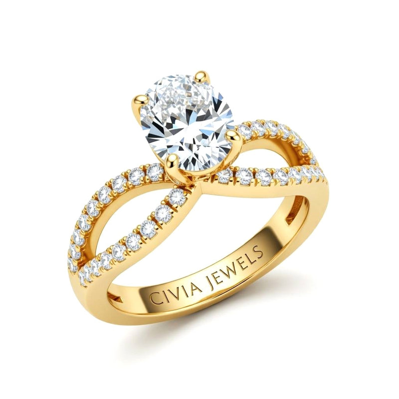 Yellow Gold Oval Diamond Twisted Shank Engagement Ring With Four Prong Setting And Pavé Band