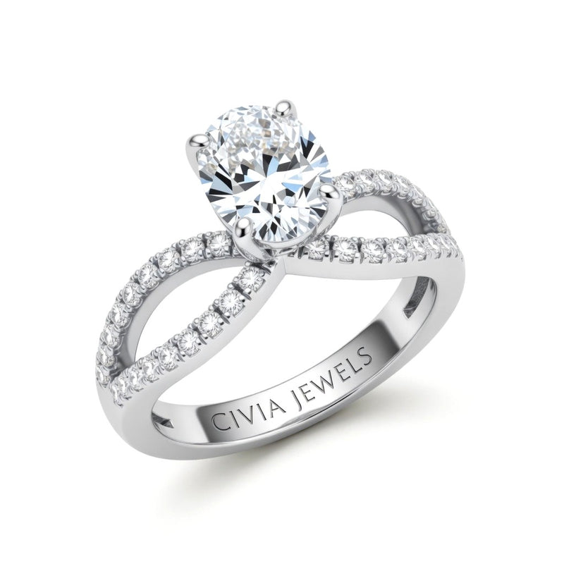 White Gold Oval Diamond Twisted Shank Engagement Ring With Four Prong Setting And Pavé Band