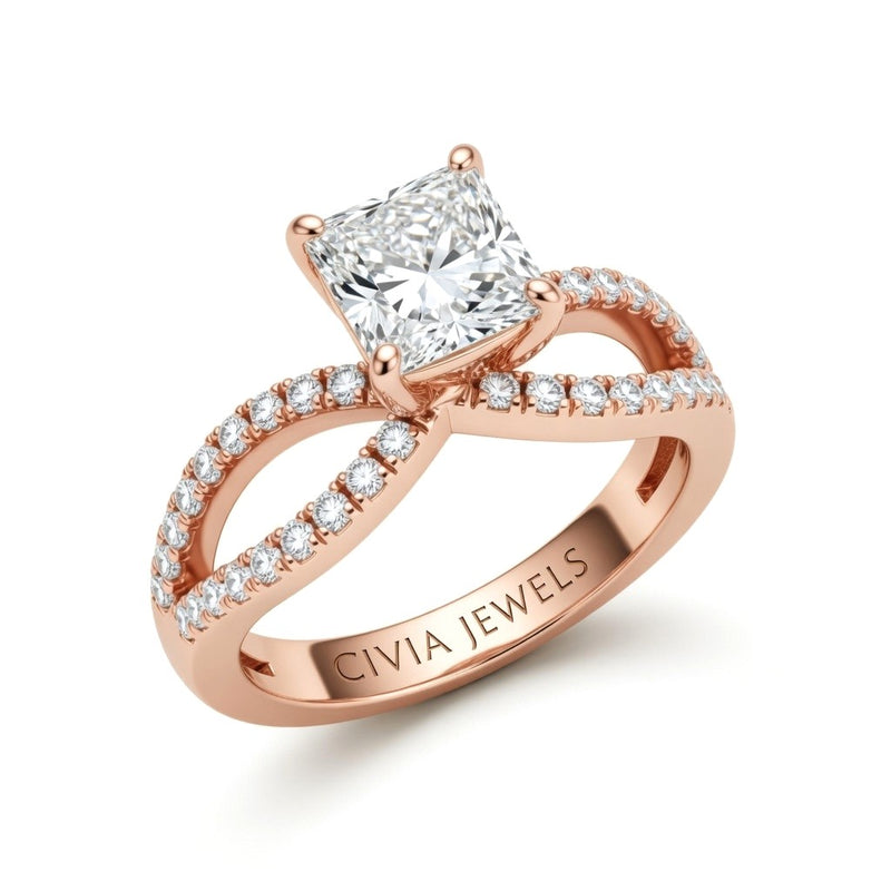 Rose Gold Princess Diamond Twisted Shank Engagement Ring With Four Prong Setting And Pavé Band