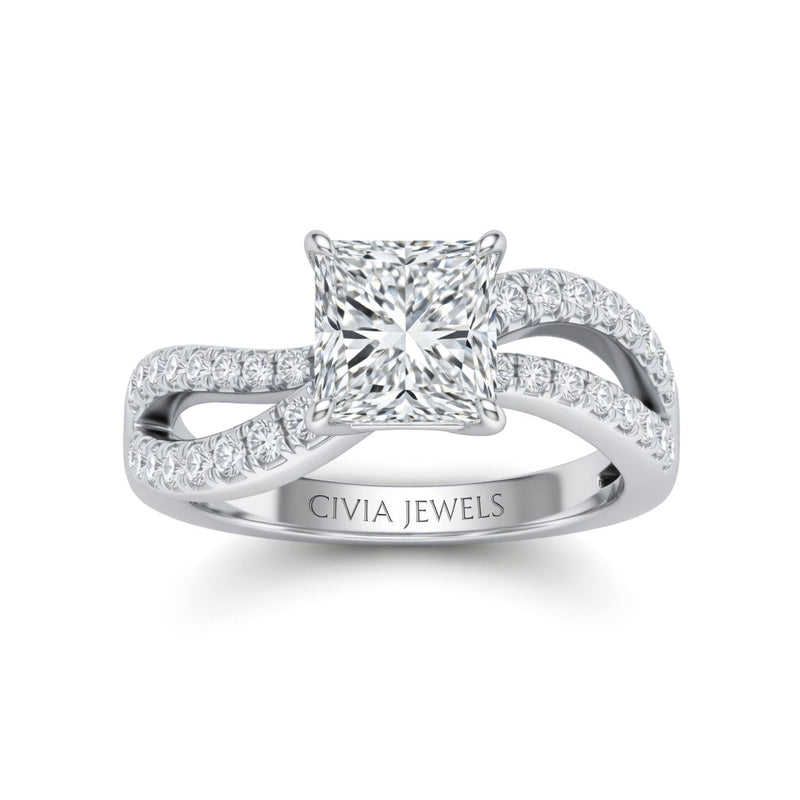 White Gold Princess Diamond Twisted Shank Engagement Ring With Four Prong Setting And Pavé Band