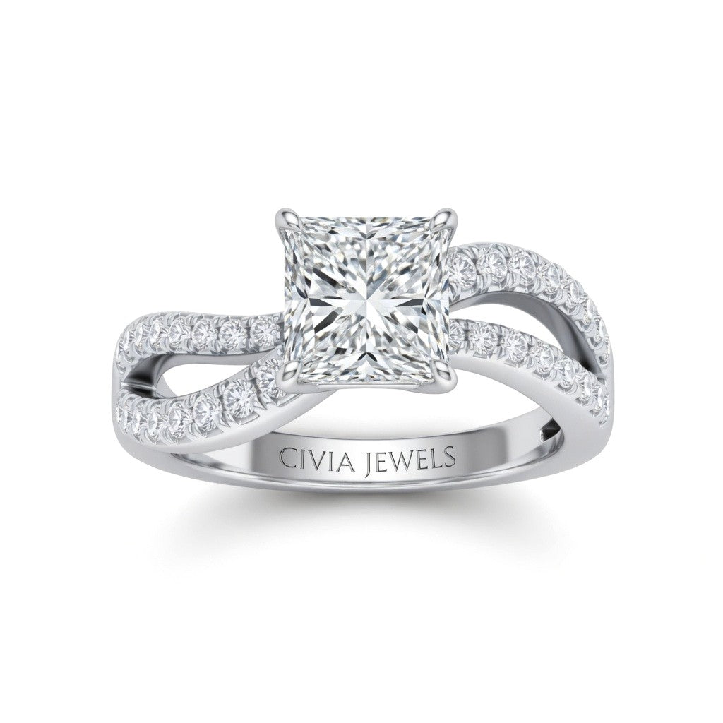 White Gold Princess Diamond Twisted Shank Engagement Ring With Four Prong Setting And Pavé Band