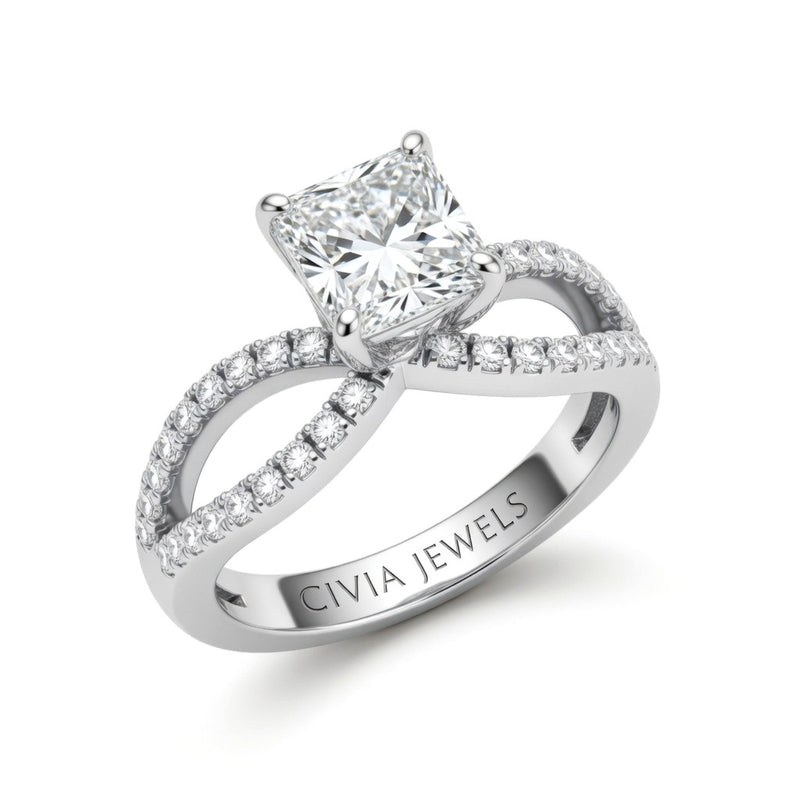 Silver Princess Diamond Twisted Shank Engagement Ring With Four Prong Setting And Pavé Band