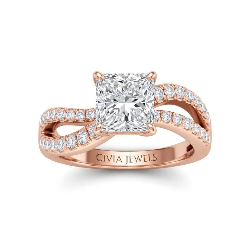 Rose Gold Princess Diamond Twisted Shank Engagement Ring With Four Prong Setting And Pavé Band