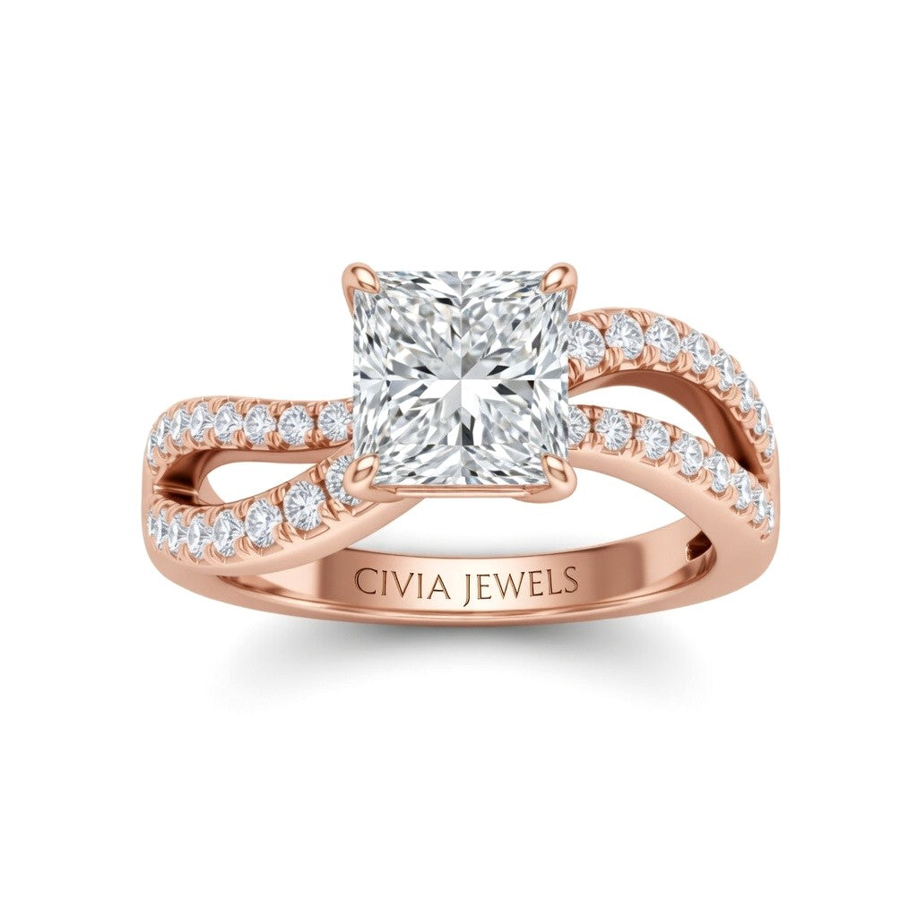 Rose Gold Princess Diamond Twisted Shank Engagement Ring With Four Prong Setting And Pavé Band