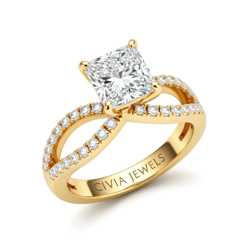 Yellow Gold Princess Diamond Twisted Shank Engagement Ring With Four Prong Setting And Pavé Band