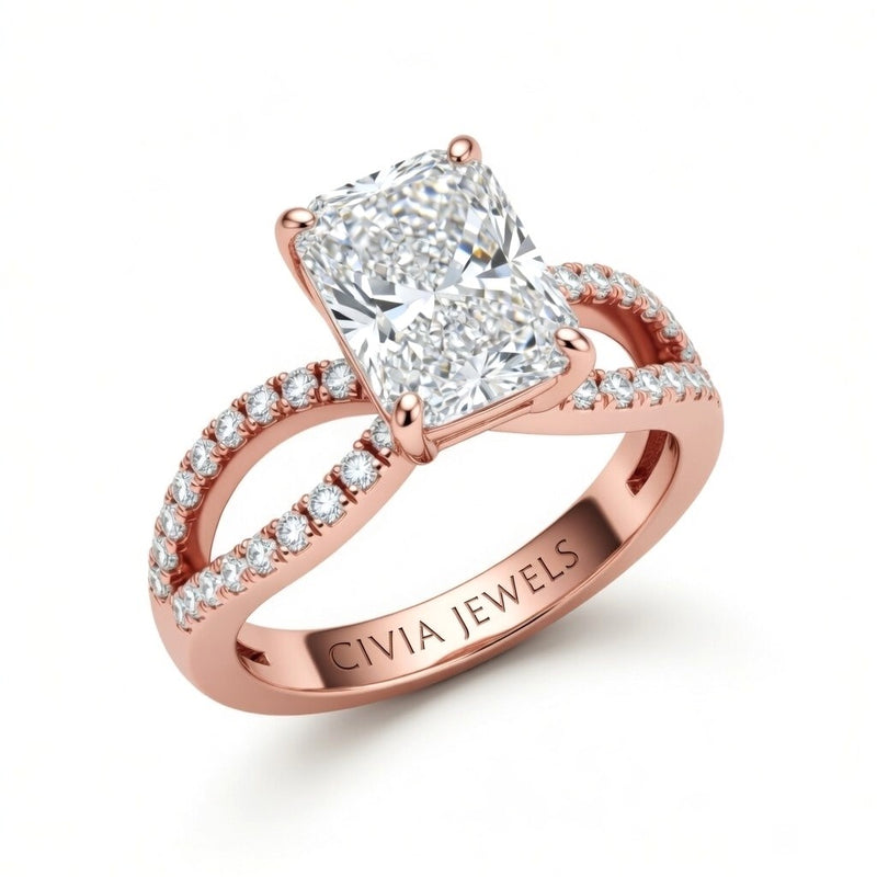 Rose Gold Radiant Diamond Twisted Shank Engagement Ring With Four Prong Setting And Pavé Band