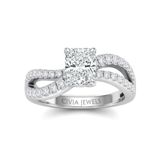 White Gold Radiant Diamond Twisted Shank Engagement Ring With Four Prong Setting And Pavé Band