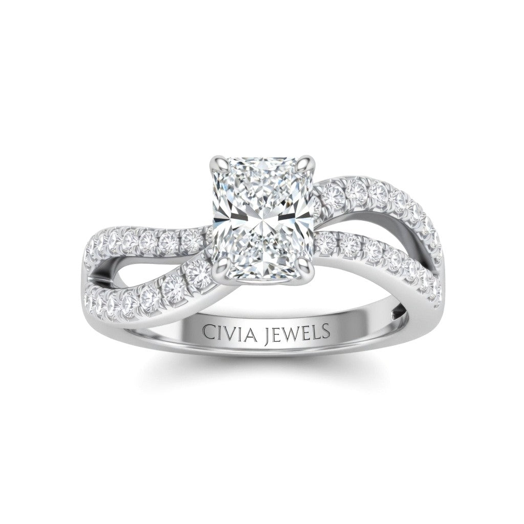 Silver Radiant Diamond Twisted Shank Engagement Ring With Four Prong Setting And Pavé Band