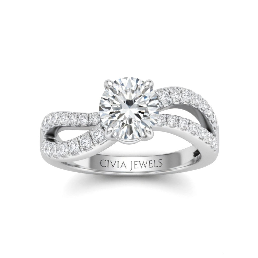 Silver Round Diamond Twisted Shank Engagement Ring With Four Prong Setting And Pavé Band