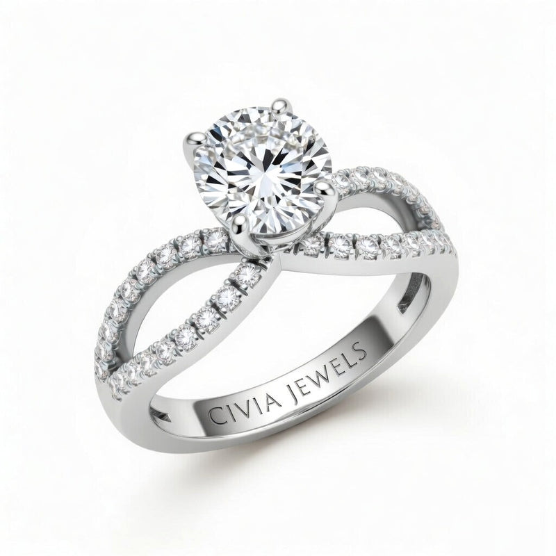 White Gold Round Diamond Twisted Shank Engagement Ring With Four Prong Setting And Pavé Band