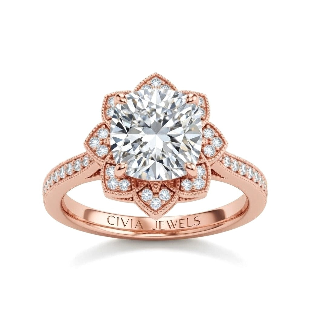 Rose Gold Cushion Diamond Vintage Halo Engagement Ring With Four Prong Setting And Pavé Band