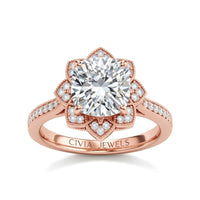 Rose Gold Cushion Diamond Vintage Halo Engagement Ring With Four Prong Setting And Pavé Band
