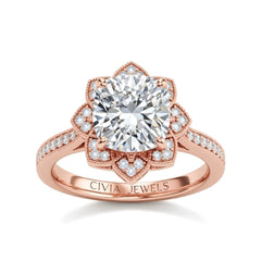 Rose Gold Cushion Diamond Vintage Halo Engagement Ring With Four Prong Setting And Pavé Band