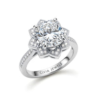 White Gold Cushion Diamond Vintage Halo Engagement Ring With Four Prong Setting And Pavé Band