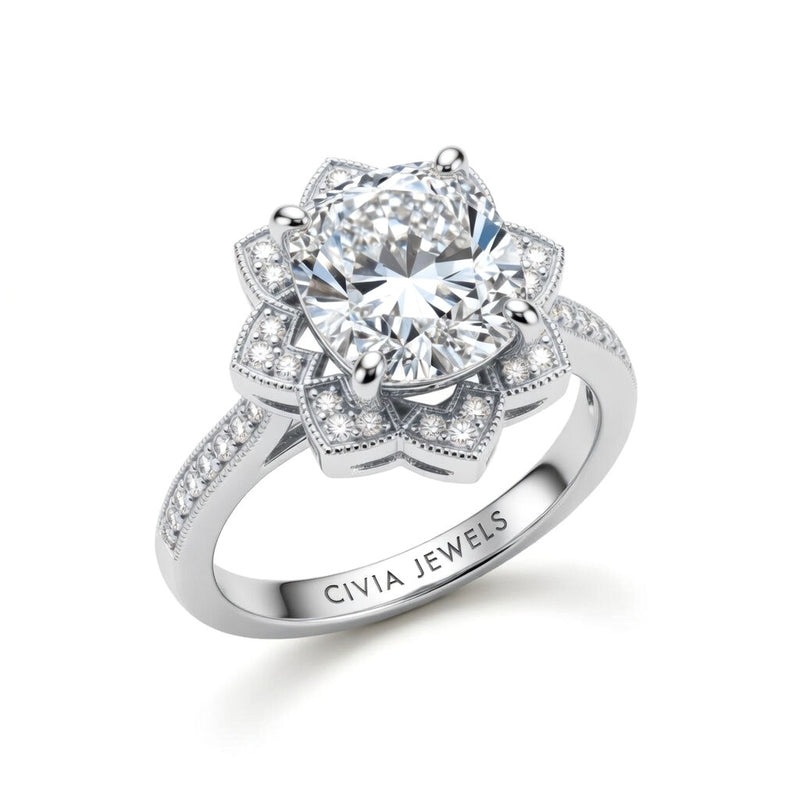 Silver Cushion Diamond Vintage Halo Engagement Ring With Four Prong Setting And Pavé Band