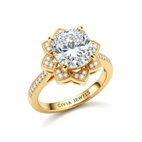 Yellow Gold Cushion Diamond Vintage Halo Engagement Ring With Four Prong Setting And Pavé Band