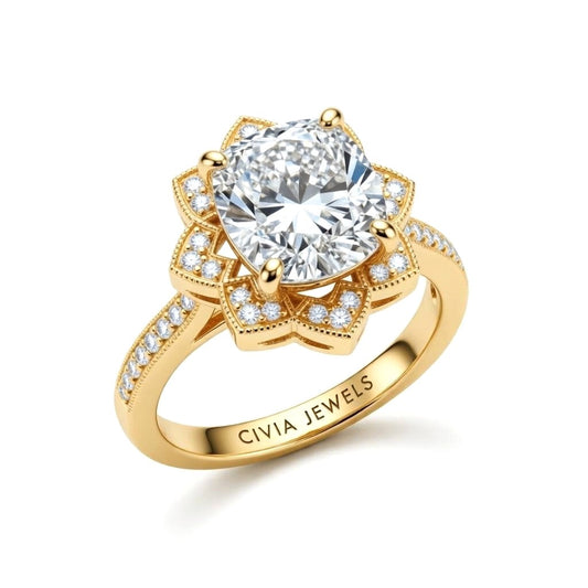 Yellow Gold Cushion Diamond Vintage Halo Engagement Ring With Four Prong Setting And Pavé Band